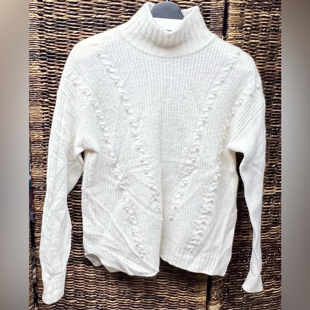 Autumn Cashmere Cream Turtleneck Sweater- Pearls woven in, Medium